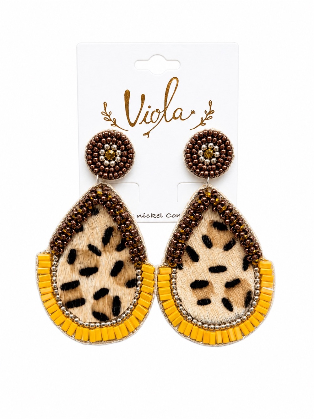 Viola Leopard Print Hair-On-Hide Teardrop Statement Earrings Yellow Beaded NWT